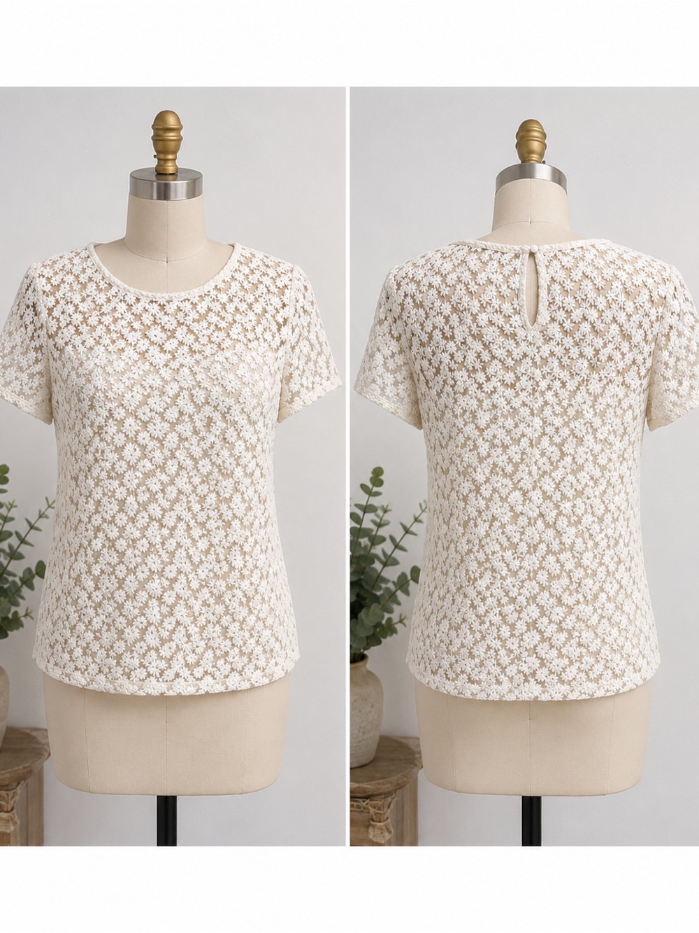 LOFT Floral Lace Top Womens Small Ivory Sheer Daisy Embroidered Blouse